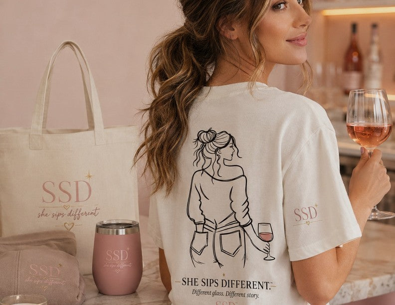 She Sips Different signature apparel, blush tumbler and canvas tote