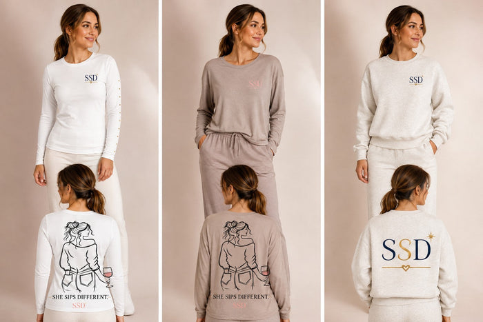 She Sips Long-Sleeve Tee — catalog design preview with related collection pieces