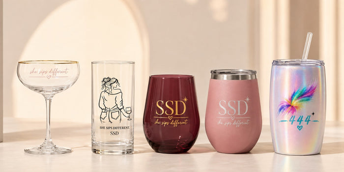 She Sips Coupe Glass — catalog design preview with related collection pieces